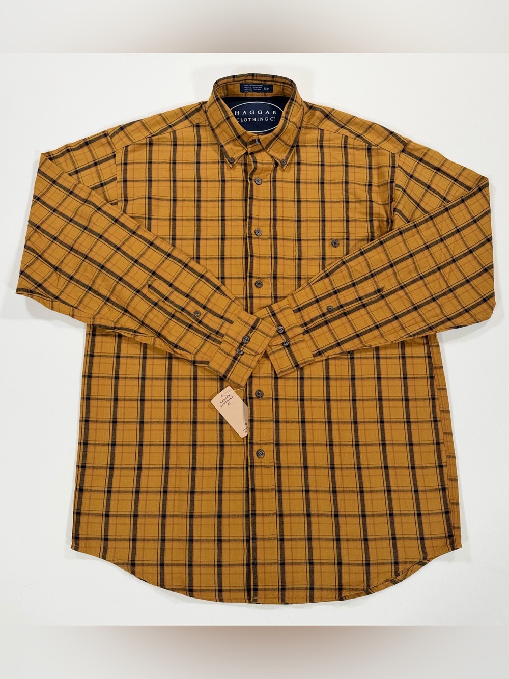 Haggar Mens Small Plaid Button Down Shirt Long Sleeve Mustard Yellow Cotton NWT